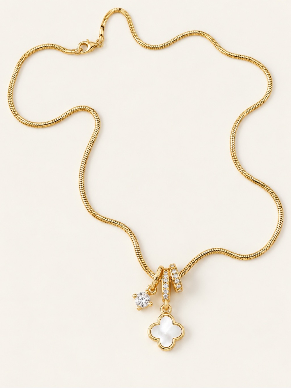14K Gold Plated MoP Clover Necklace | CZ Pavé Rings & Crystal Charm - Picture 6 of 9